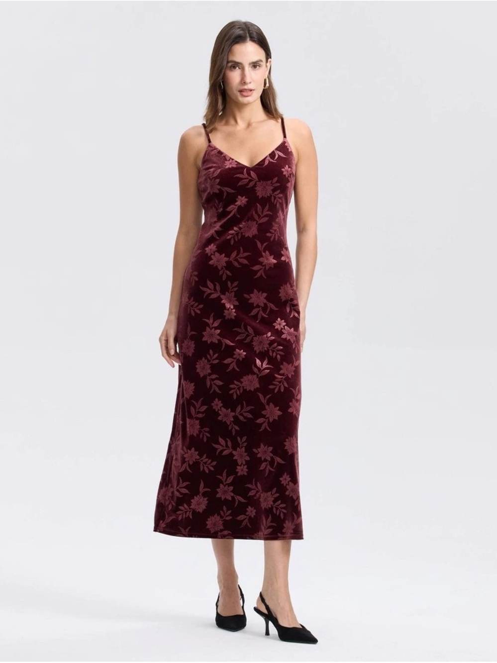 a new day Velvet Floral Slip Midi Dress in Burgundy b214